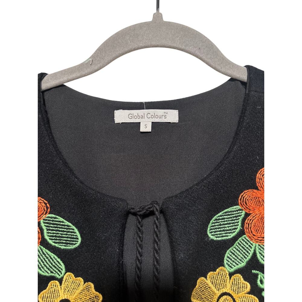 Global Colours Women's Black Embroidered Wool Blend Tie Front Jacket S - Picture 3 of 9